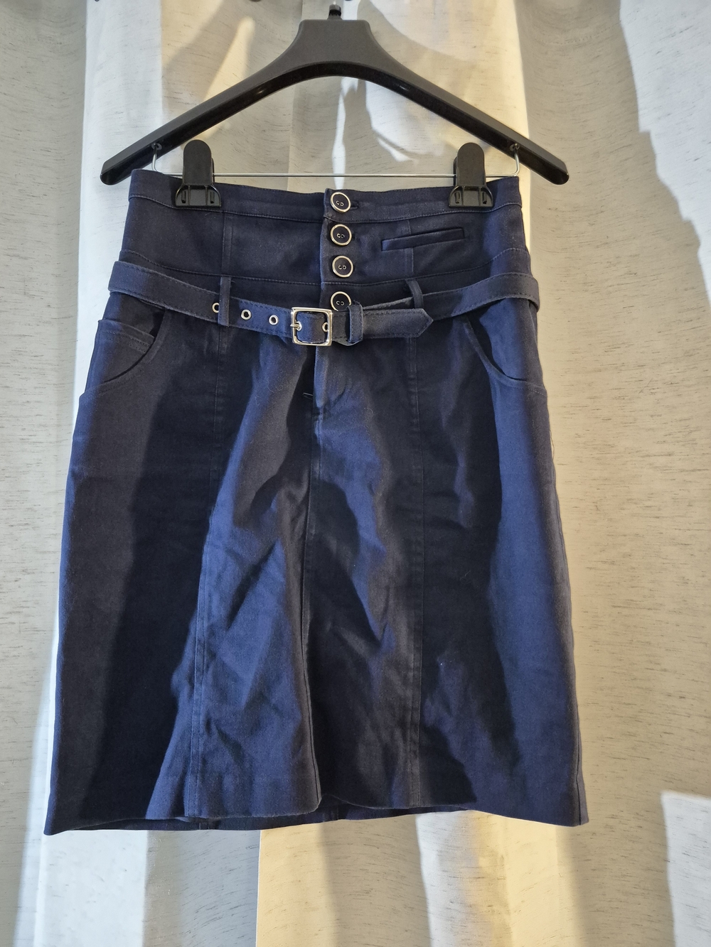 bebe Womens 6 Blue Solid Twill Knee Length A-Line Skirt Button Front Belted
